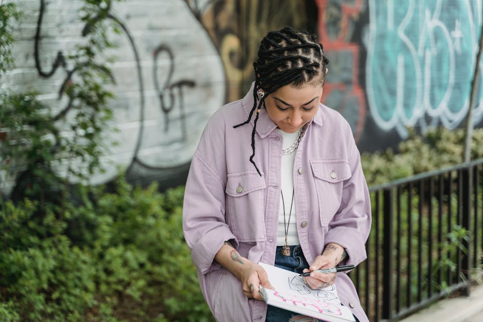 Concentrated young ethnic female with braids in stylish outfit drawing on paper while standing on street