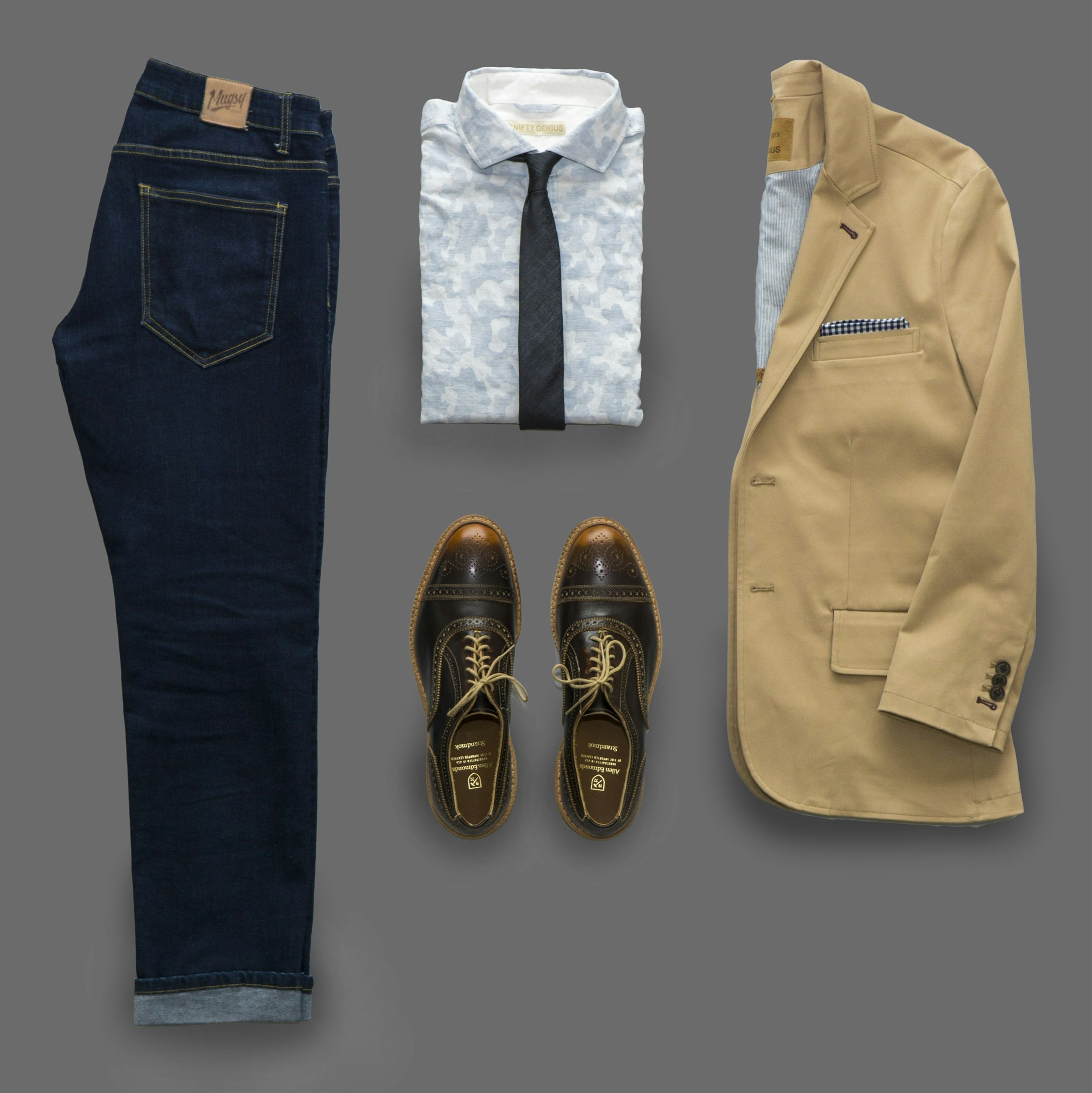 Mens outfit flat lay with jacket denim shirt and shoes